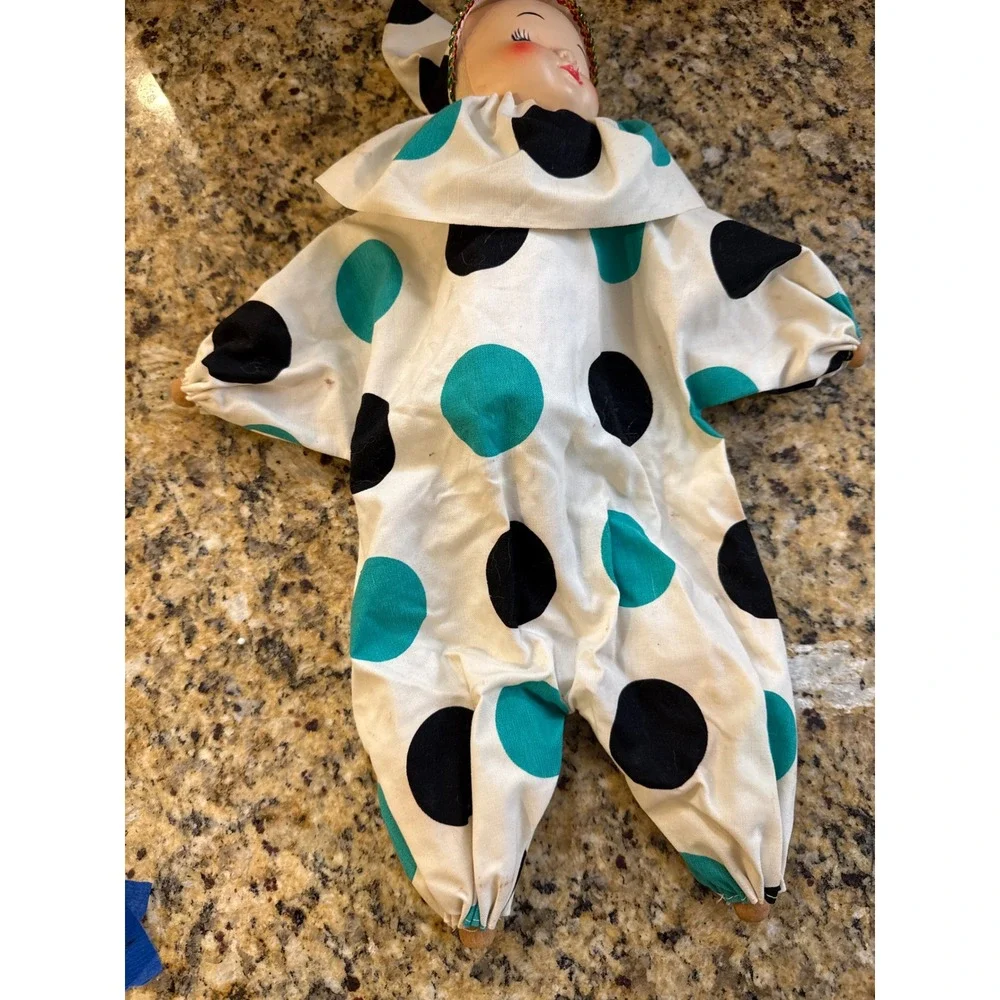 Vintage Clown Doll 16 Inch Teal Black Polka Dot Harlequin Wood Hands